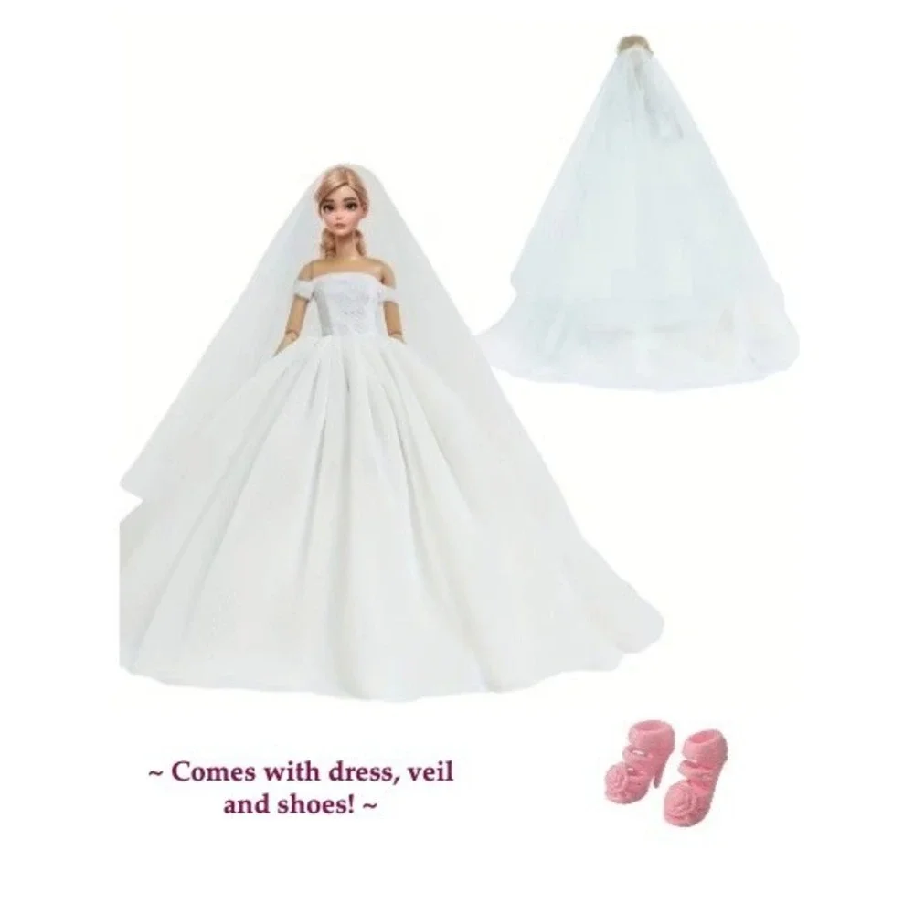 Elegant White Wedding Dress + Veil + Shoes Set For 11.5 in Fashion Doll NEW